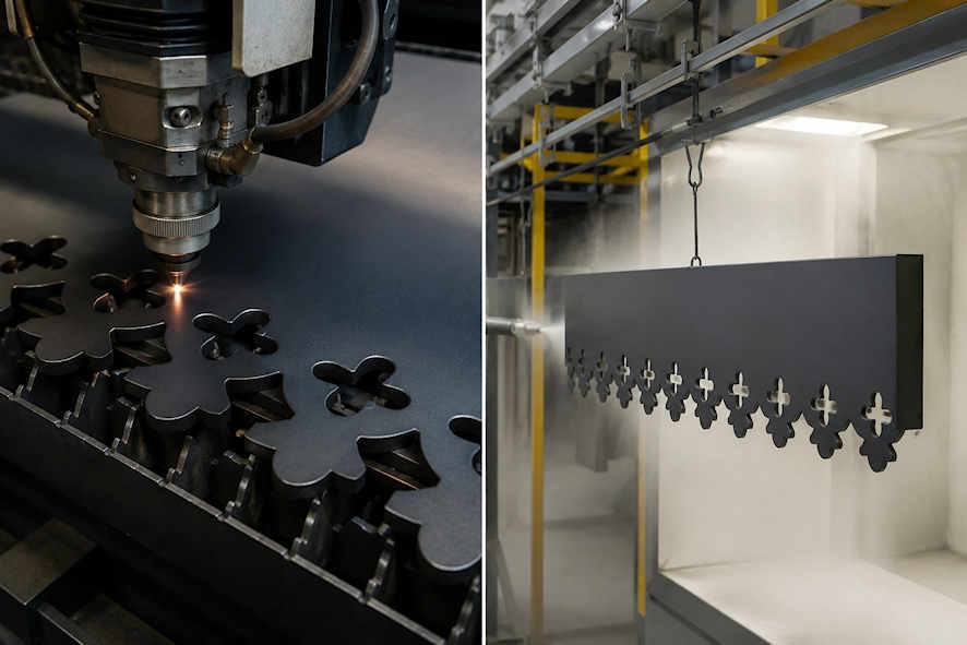 Découpe laser et thermolaquage d’un lambrequin aluminium décoratif